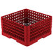 A red plastic Vollrath Traex plate rack with silver metal dividers.
