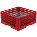 A red plastic Vollrath Traex Plate Crate with wire dividers.