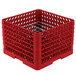 A red plastic Vollrath Traex plate rack with metal grates inside.