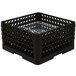 A black plastic Vollrath Traex Plate Crate with a silver metal grate inside.