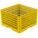 A yellow plastic Vollrath Plate Crate with blue handles and 15 compartments.