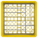 A yellow and grey plastic Vollrath Traex Plate Crate with metal bars.