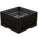 A black plastic Vollrath Traex Plate Crate with metal wire slots.