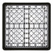 A black metal frame with a grid pattern holding a black crate with white plates inside.
