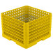 A yellow plastic Vollrath Traex plate rack with wire mesh.