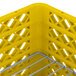 A yellow plastic rack with metal wire on top and 19 compartments for plates.
