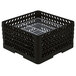 A black plastic Vollrath Traex Plate Crate with metal dividers.