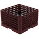 A burgundy plastic Vollrath Plate Crate with metal grate.