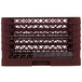 A burgundy Vollrath Traex plate rack with 15 compartments and a close up of a rack.