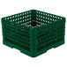 A green Vollrath Traex Plate Crate with silver metal rods.