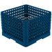 A royal blue plastic crate with metal grate dividers.