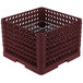 A burgundy Vollrath Traex Plate Crate with a metal grate.