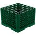 A green plastic Vollrath Traex plate rack with metal grates.