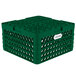 A green plastic crate with holes.
