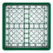 A green and white plastic crate with a metal grid inside containing green square compartments.