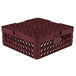 A burgundy Vollrath Traex plate rack with 38 compartments.
