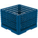 A blue plastic Vollrath Traex plate rack with white handles.