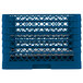 A blue plastic Vollrath Traex plate rack with 20 compartments.