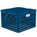 A blue plastic Vollrath Traex Plate Crate with holes.