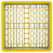 A yellow plastic Vollrath Traex Plate Crate with metal dividers.