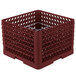 A burgundy plastic crate with metal dividers.
