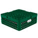 A green plastic crate with holes designed to hold plates.