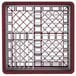 A red and white metal rack with a grid of squares.