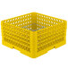 A yellow plastic Vollrath Plate Crate with white wire dividers.
