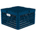 A blue plastic Vollrath Plate Crate with a white label.