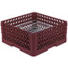 A burgundy plastic Vollrath Traex Plate Crate with a metal grate.