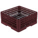 A burgundy plastic Vollrath Plate Crate with wire racks.