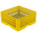 A yellow plastic Vollrath Plate Crate with metal wire mesh.