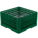 A green plastic Vollrath Traex Plate Crate with wire dividers.