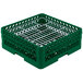 A green plastic Vollrath Traex Plate Crate with metal dividers.