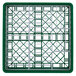 A green and white plastic Vollrath Traex Plate Crate with a metal grid inside.