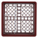 A red metal Vollrath Plate Crate with metal bars and a grid pattern.