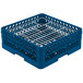 A royal blue plastic Vollrath Plate Crate with metal grate.