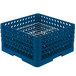 A blue plastic Vollrath Traex Plate Crate with metal grates and 22 compartments.