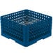 A blue plastic Vollrath Traex plate rack with metal grates.
