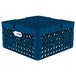 A blue plastic Vollrath Plate Crate with 12 compartments for plates with white text.