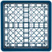 A royal blue plastic Vollrath Traex Plate Crate with metal grid.