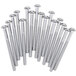 A row of Vollrath screws for glass racks on a white table.