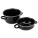Two black Hendi enameled steel mussel pots with handles.