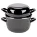 A black enameled steel pot with two handles and a lid.