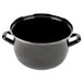 A black enameled steel pot with a handle and black lid.