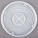 A white translucent plastic lid with a straw slot and an "X" with arrows.