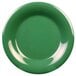 A close-up of a green Thunder Group wide rim melamine plate with a white rim.