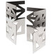 Two stainless steel "L" shaped display risers with geometric designs.