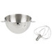 A KitchenAid stainless steel mixing bowl with a whisk attachment on a white background.