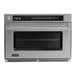 A silver Amana commercial steamer microwave oven with a black window.